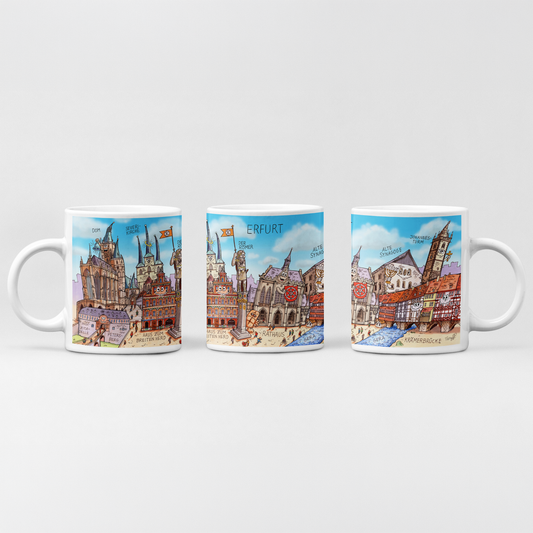 Drei Ansichten der Keramiktasse mit lustigem Erfurt-Motiv.