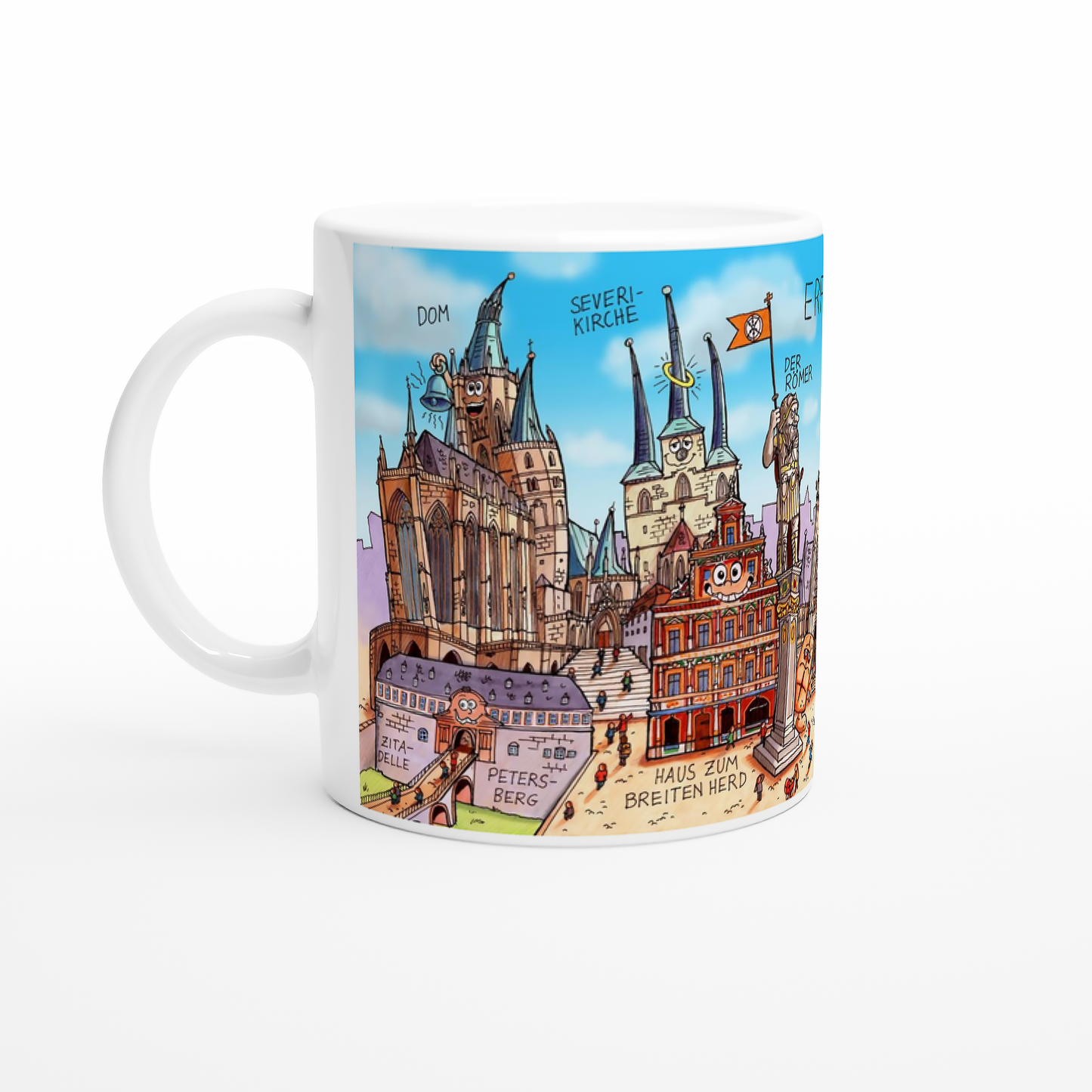 Bunte Erfurt Tasse von Jacques Tilly mit Dom und Severikirche.