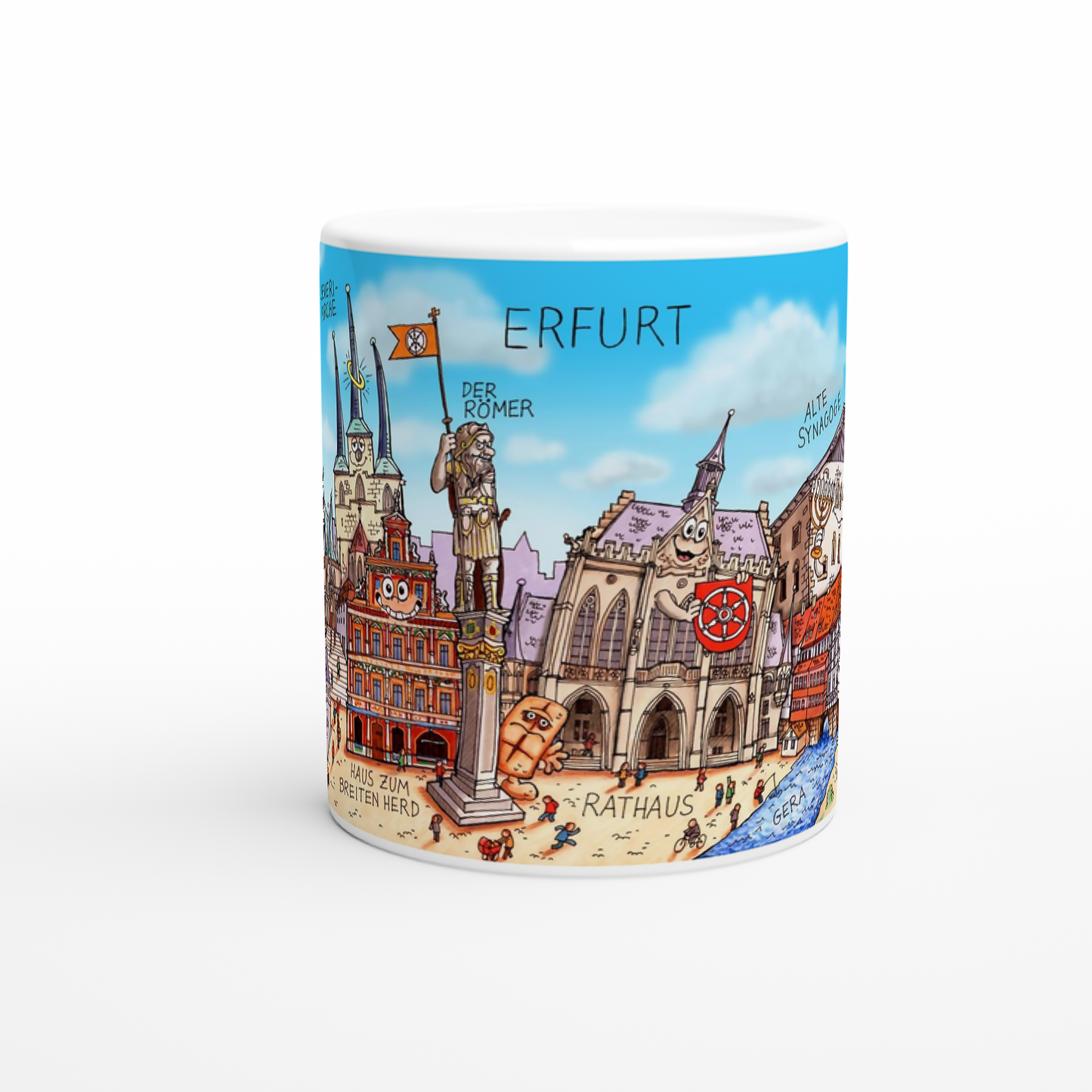 Detailansicht der Erfurt Tasse mit Krämerbrücke und Rathaus.