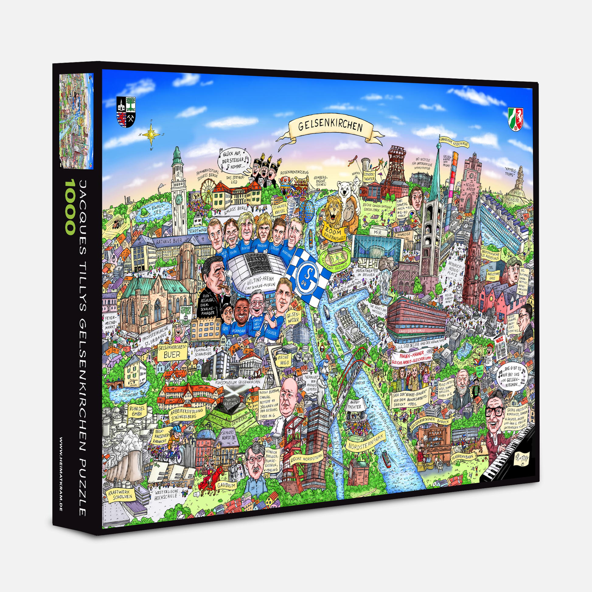 Gelsenkirchen Puzzle von Jacques Tilly mit 1000 Teilen und bunter Schachtel.
