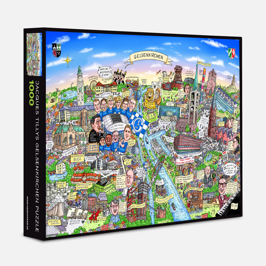 Gelsenkirchen Puzzle von Jacques Tilly mit 1000 Teilen und bunter Schachtel.