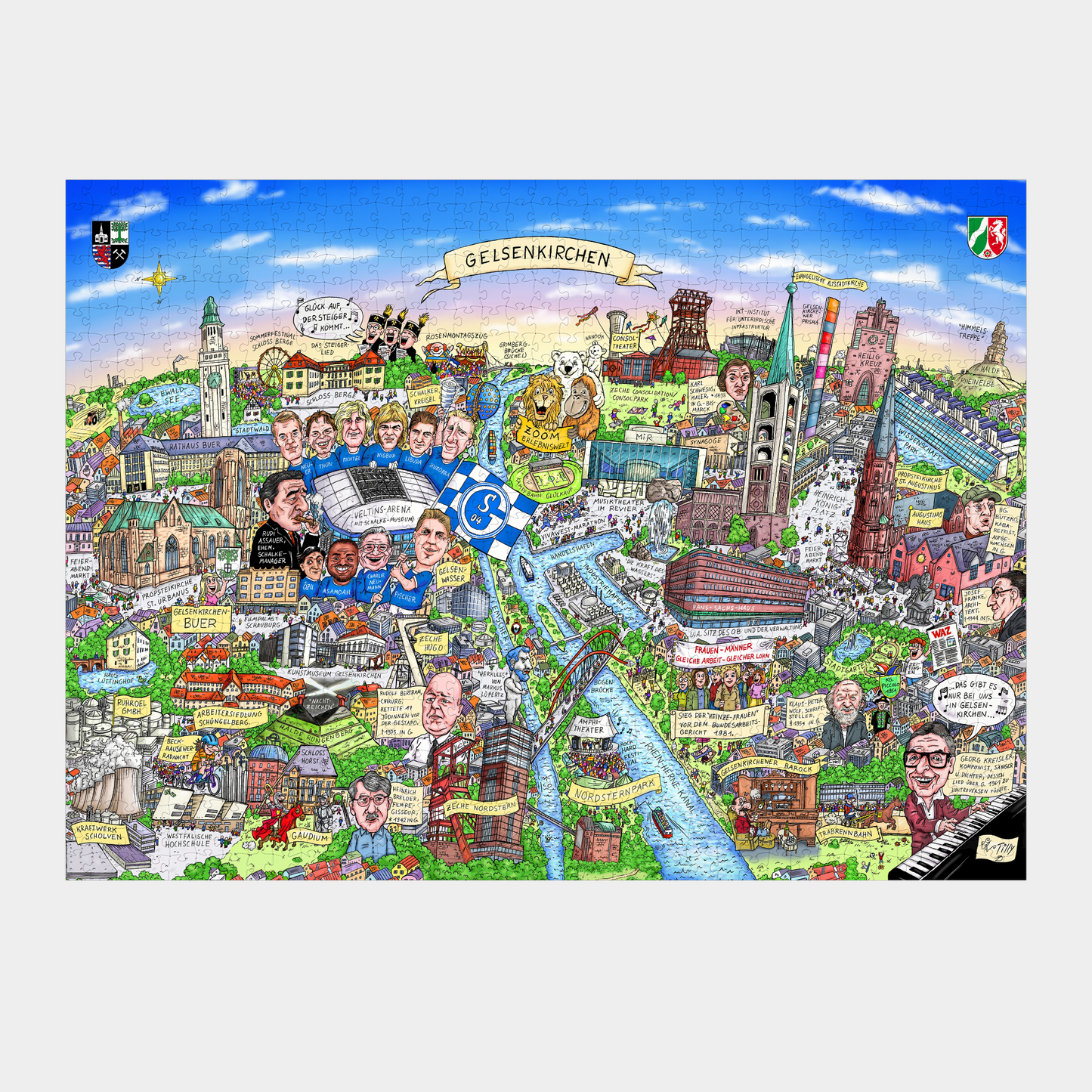 Jacques Tilly Wimmelbild Puzzle Gelsenkirchen in der Draufsicht.