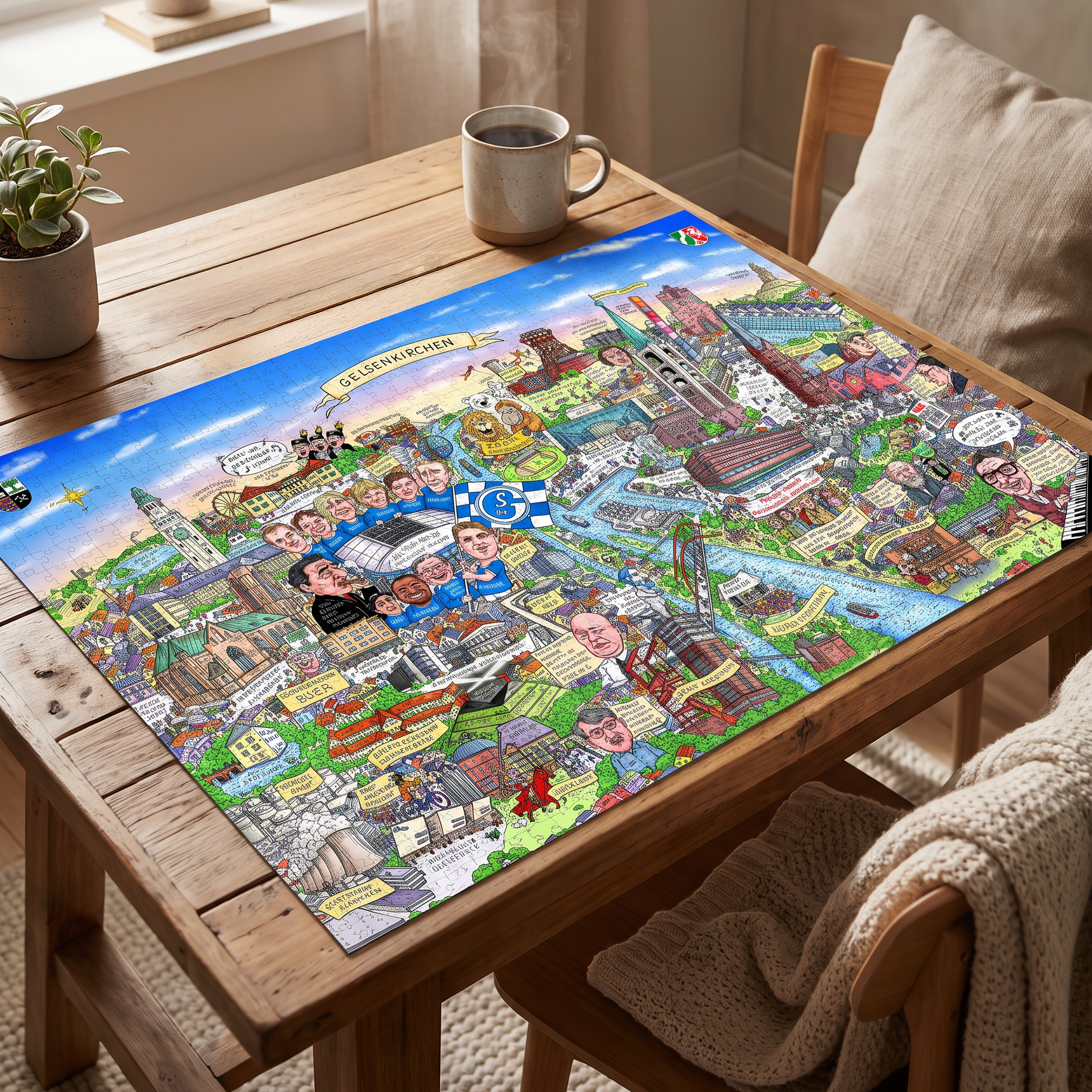 Fertig gelegtes Gelsenkirchen Puzzle auf einem Holztisch mit Kaffeetasse.