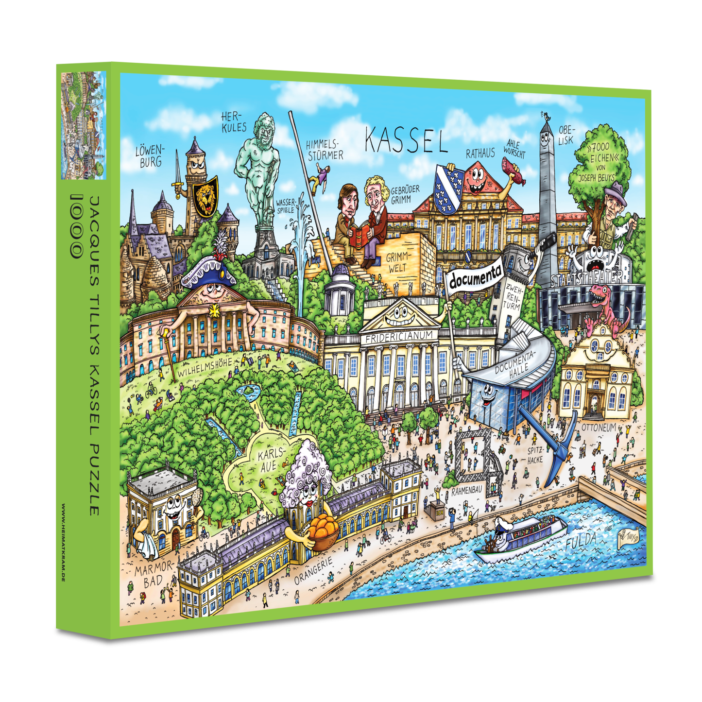 Grüne Produktverpackung des 1000-Teile Kassel Puzzles von Jacques Tilly mit dem vollständigen farbigen Stadtmotiv.