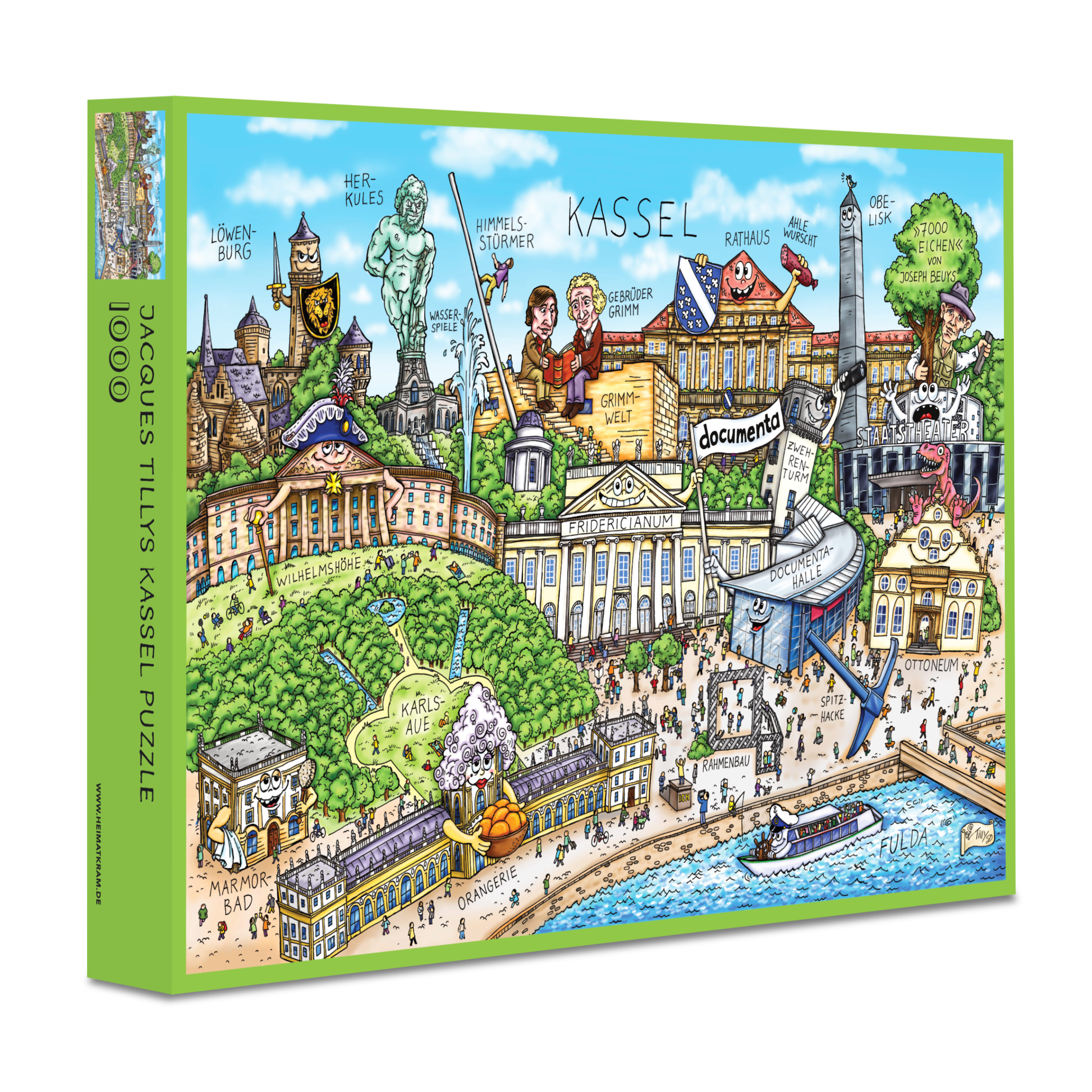 Grüne Produktverpackung des 1000-Teile Kassel Puzzles von Jacques Tilly mit dem vollständigen farbigen Stadtmotiv.