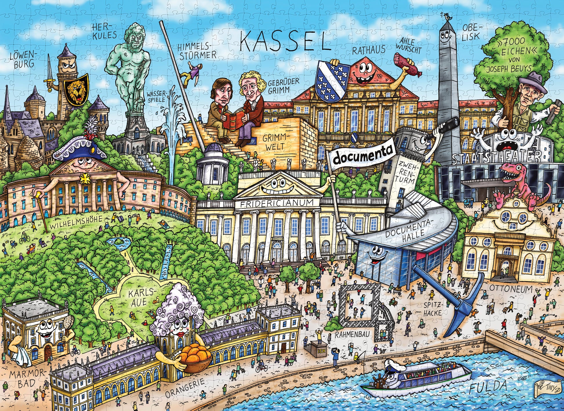 Fertig gelegtes Kassel Wimmelbild-Puzzle mit bunten Zeichnungen von Herkules, Orangerie und documenta-Halle.