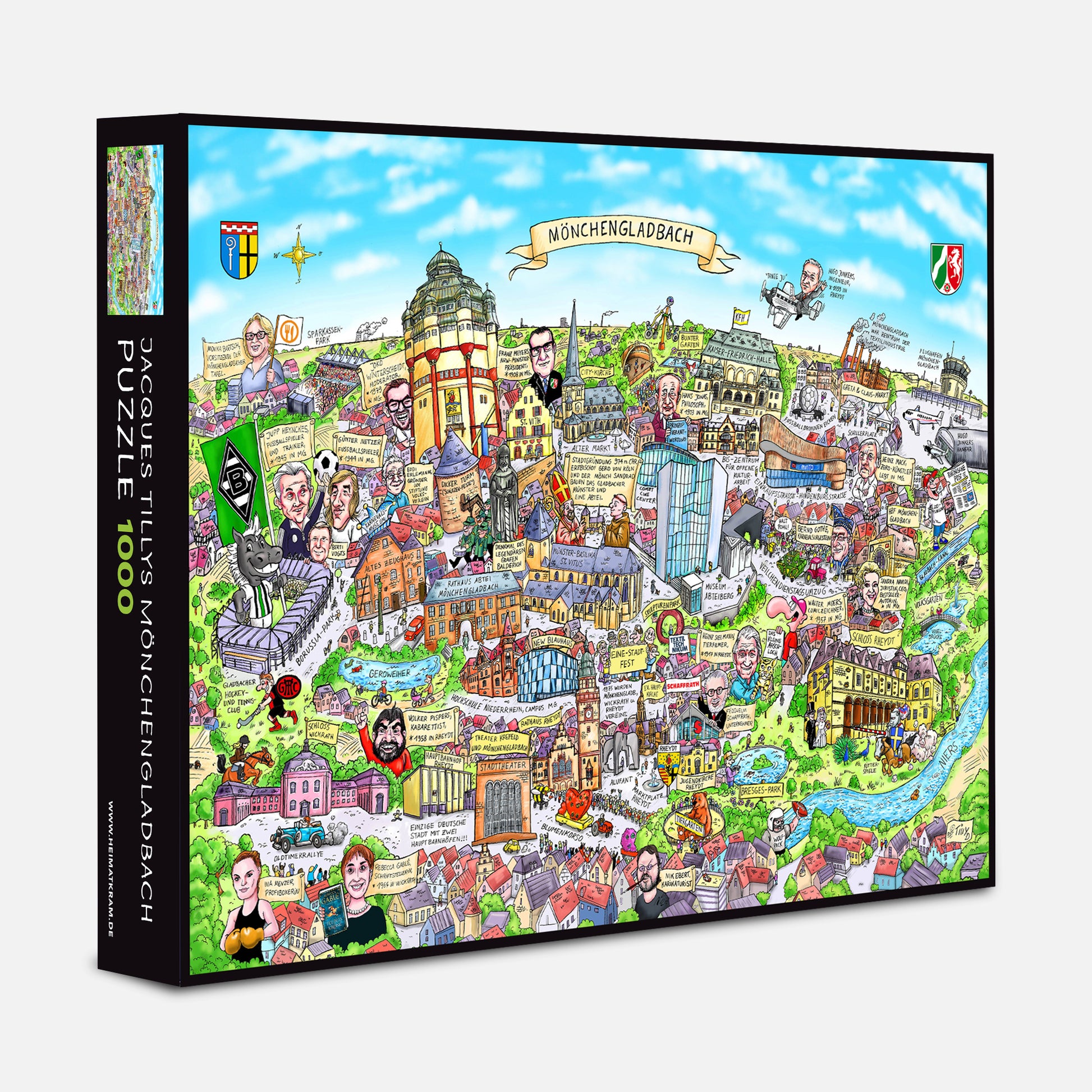 Puzzle-Box Mönchengladbach von Jacques Tilly mit buntem Wimmelbild-Motiv