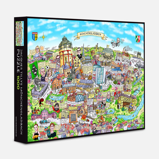 Puzzle-Box Mönchengladbach von Jacques Tilly mit buntem Wimmelbild-Motiv