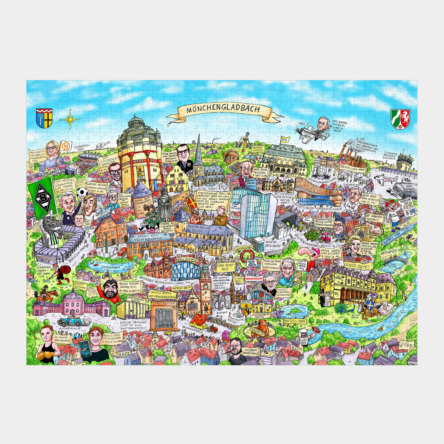 Gelegtes 1000-Teile Puzzle mit humorvollem Mönchengladbach Stadtmotiv