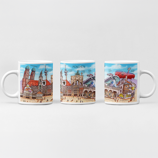 München Tasse Jacques Tilly mit lachender Frauenkirche und Neuem Rathaus.