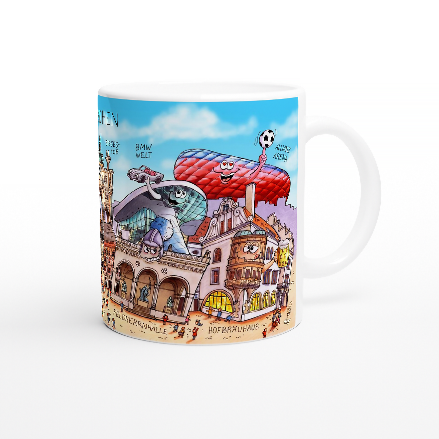 Rückseite der München Tasse mit Allianz Arena und Hofbräuhaus.