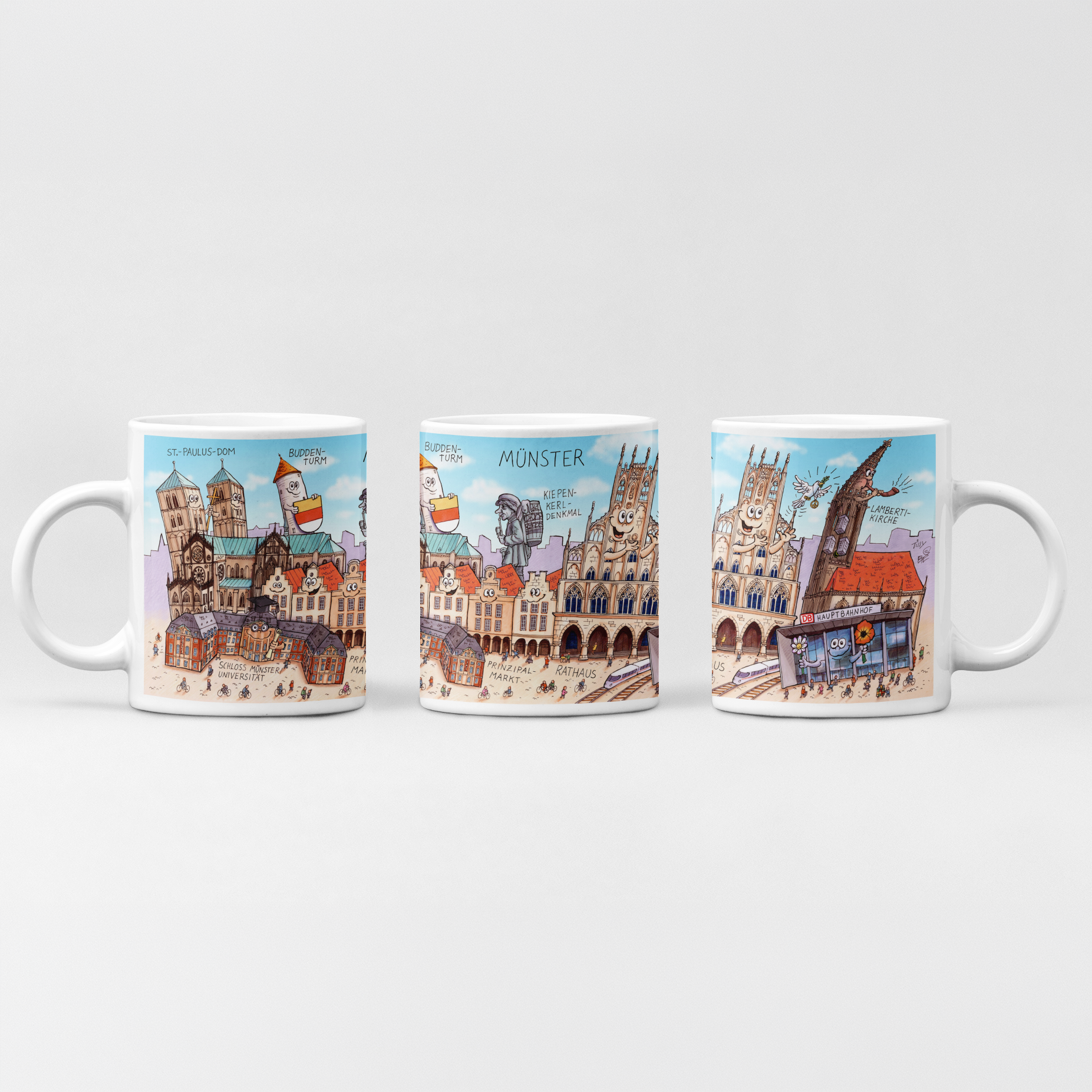 Weiße Keramiktasse mit buntem Münster Stadtmotiv von Jacques Tilly