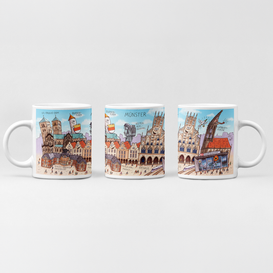 Weiße Keramiktasse mit buntem Münster Stadtmotiv von Jacques Tilly