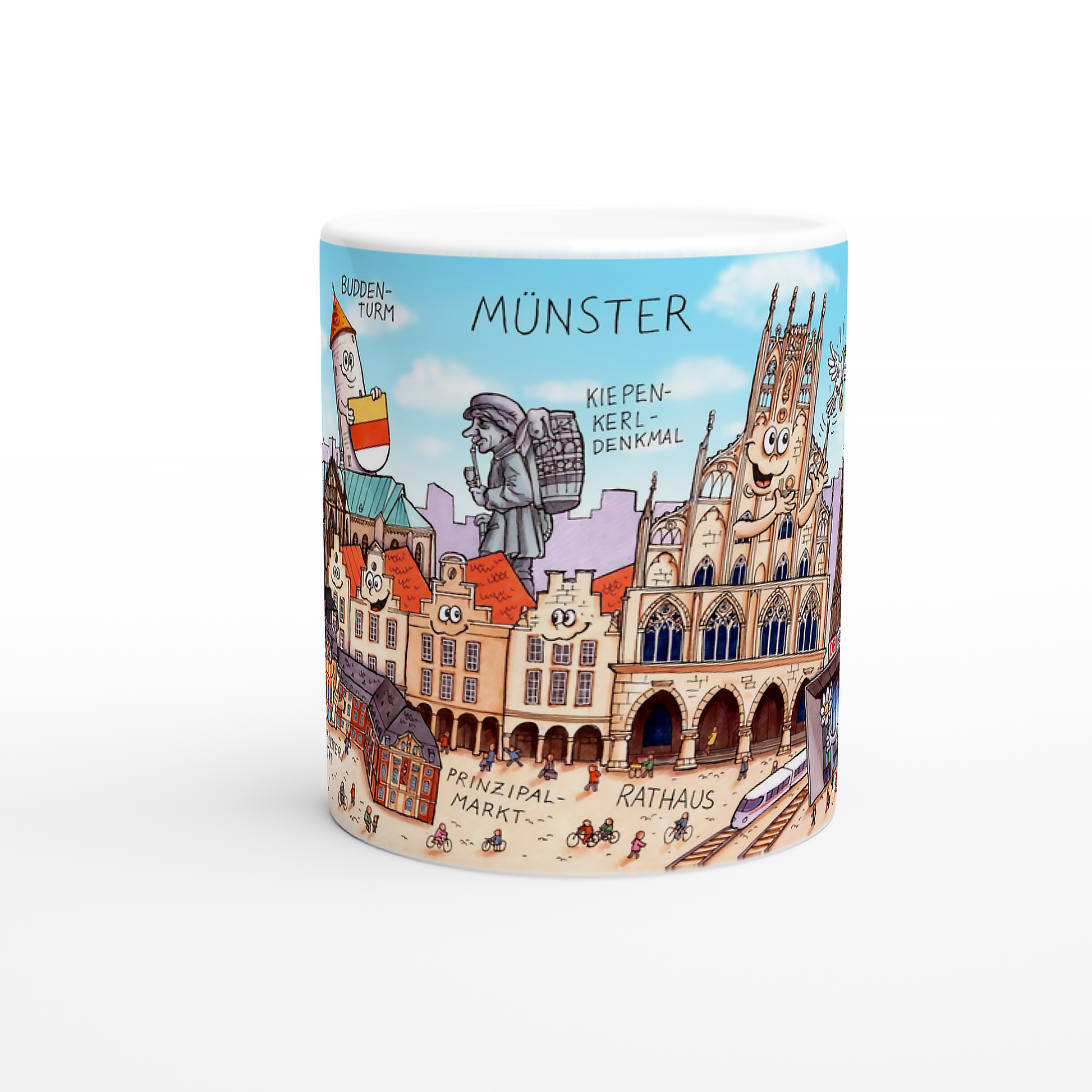 Kaffeetasse Münster mit humorvollem Prinzipalmarkt und Rathaus Motiv