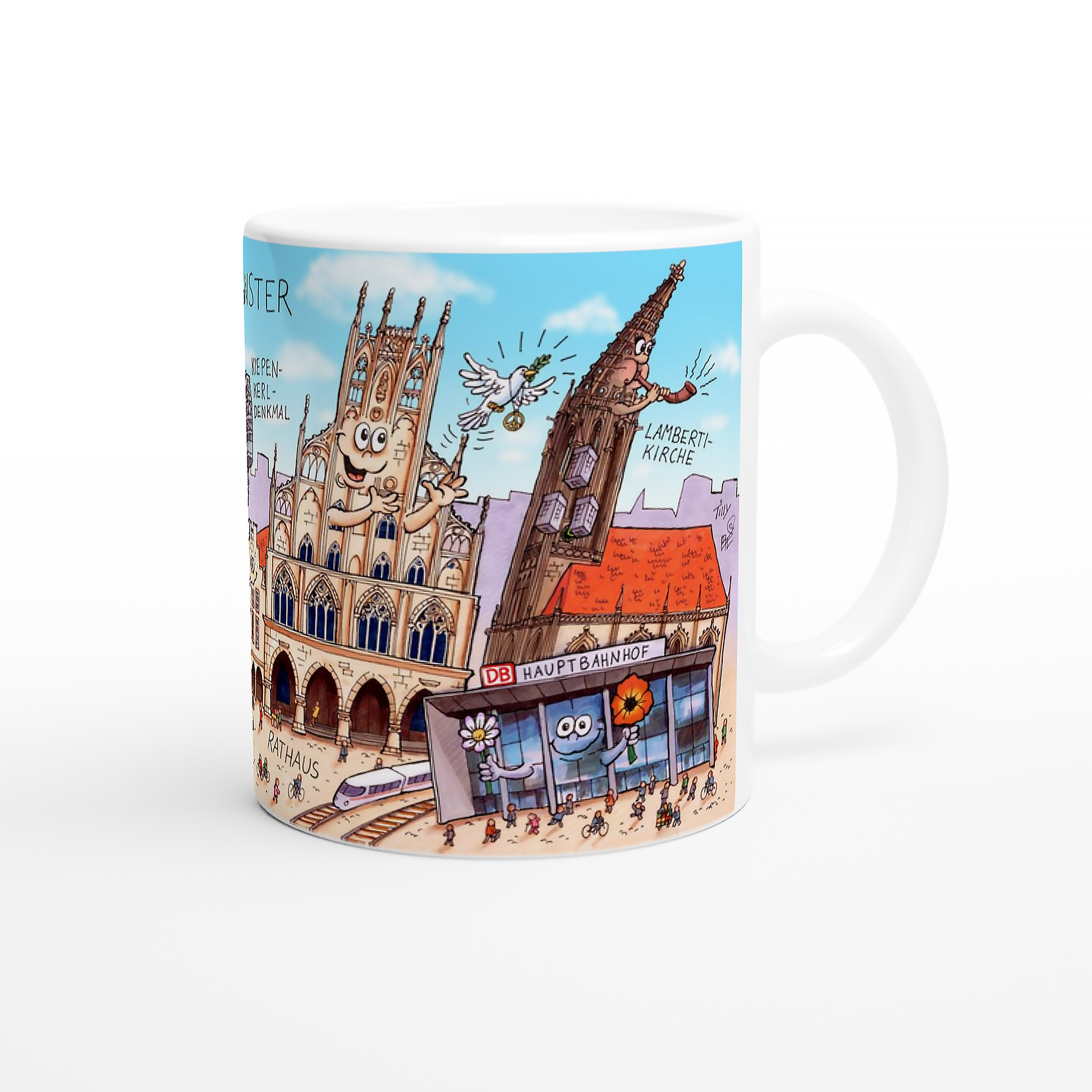 echte Seite der Tilly Tasse Münster mit Lamberti-Kirche und Bahnhof