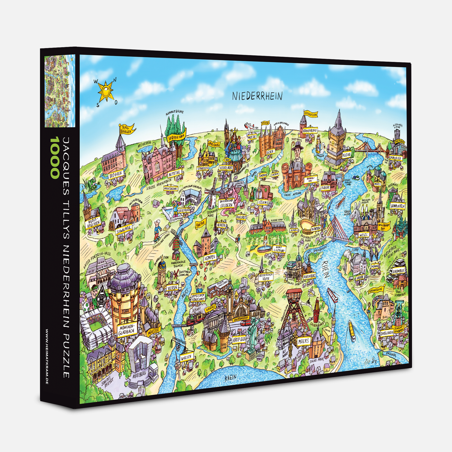 Schwarze Verpackung des Niederrhein Puzzles von Jacques Tilly mit 1000 Teilen.