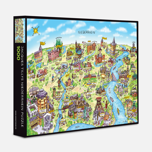 Schwarze Verpackung des Niederrhein Puzzles von Jacques Tilly mit 1000 Teilen.