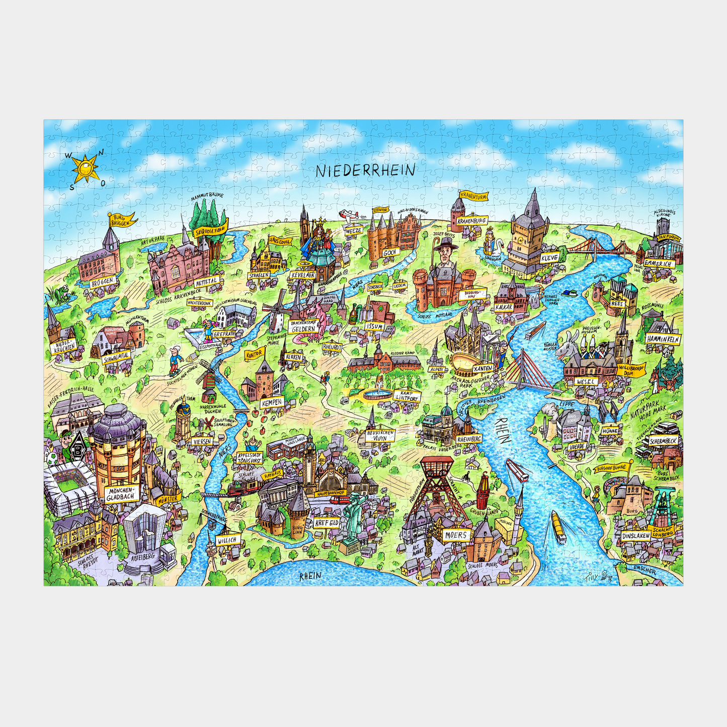 Detailansicht der Puzzleteile mit Städten wie Moers, Krefeld und Geldern am Niederrhein.