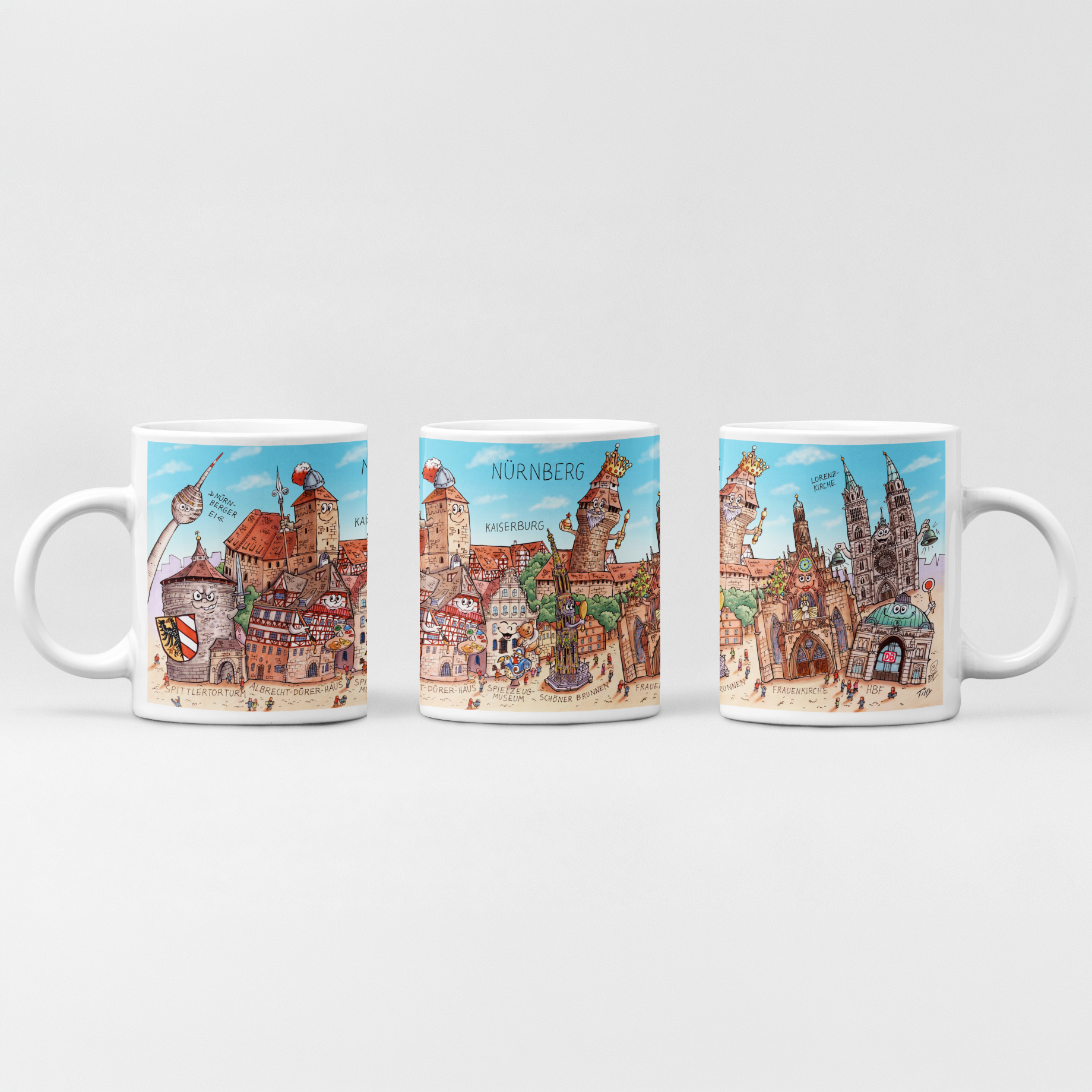 Keramiktasse mit buntem Nürnberg Stadtmotiv von Jacques Tilly