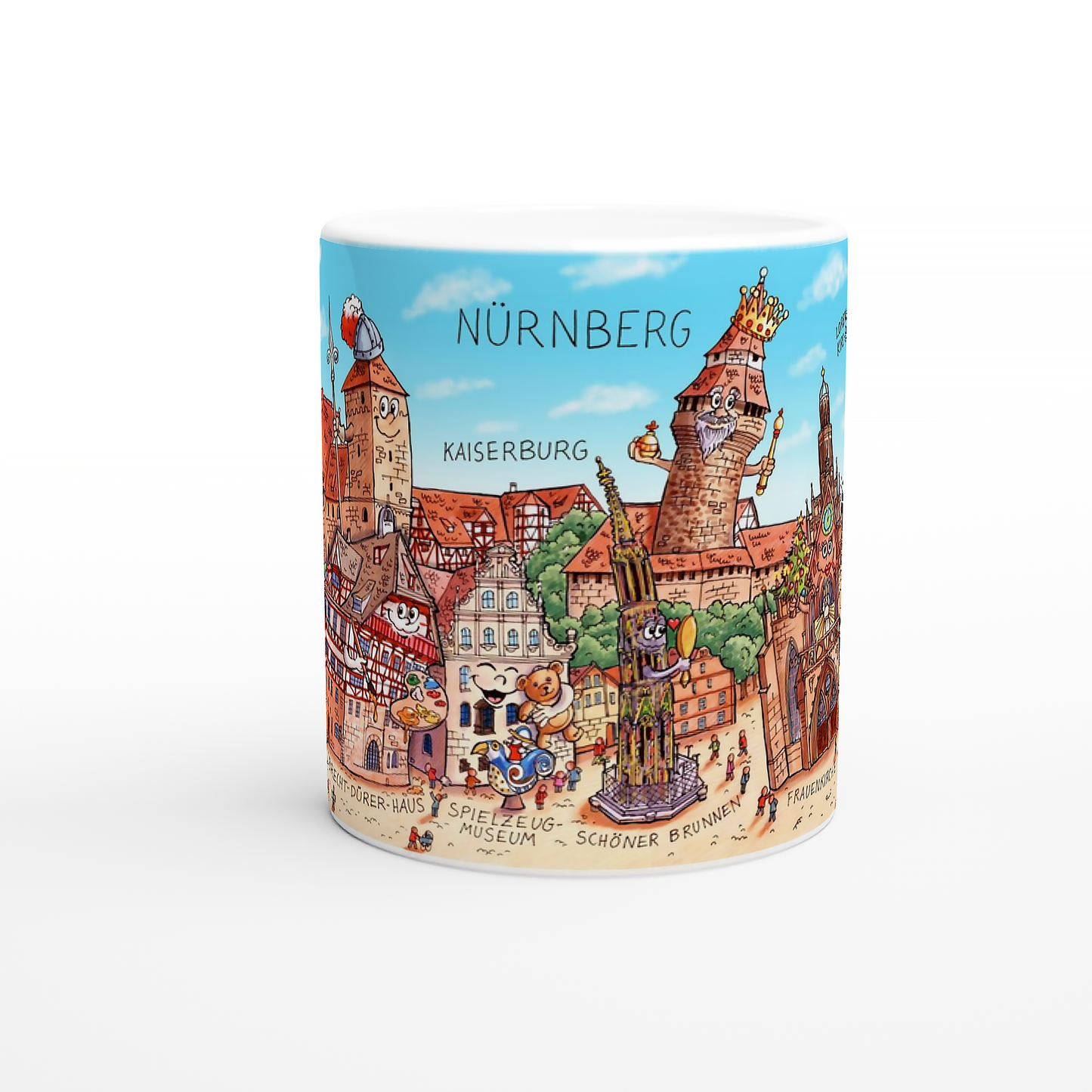 Humorvolles Wimmelbild Motiv Nürnberg auf weißer Kaffeetasse