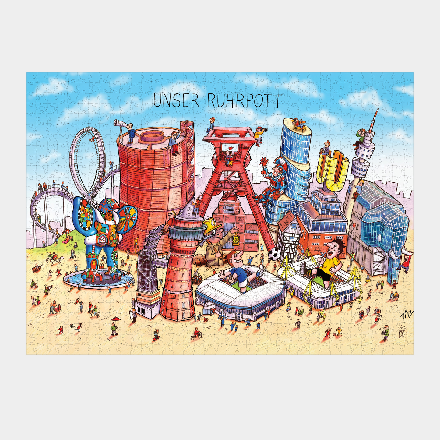 Buntes Wimmelbild Puzzle des Ruhrgebiets von Satiriker Jacques Tilly.
