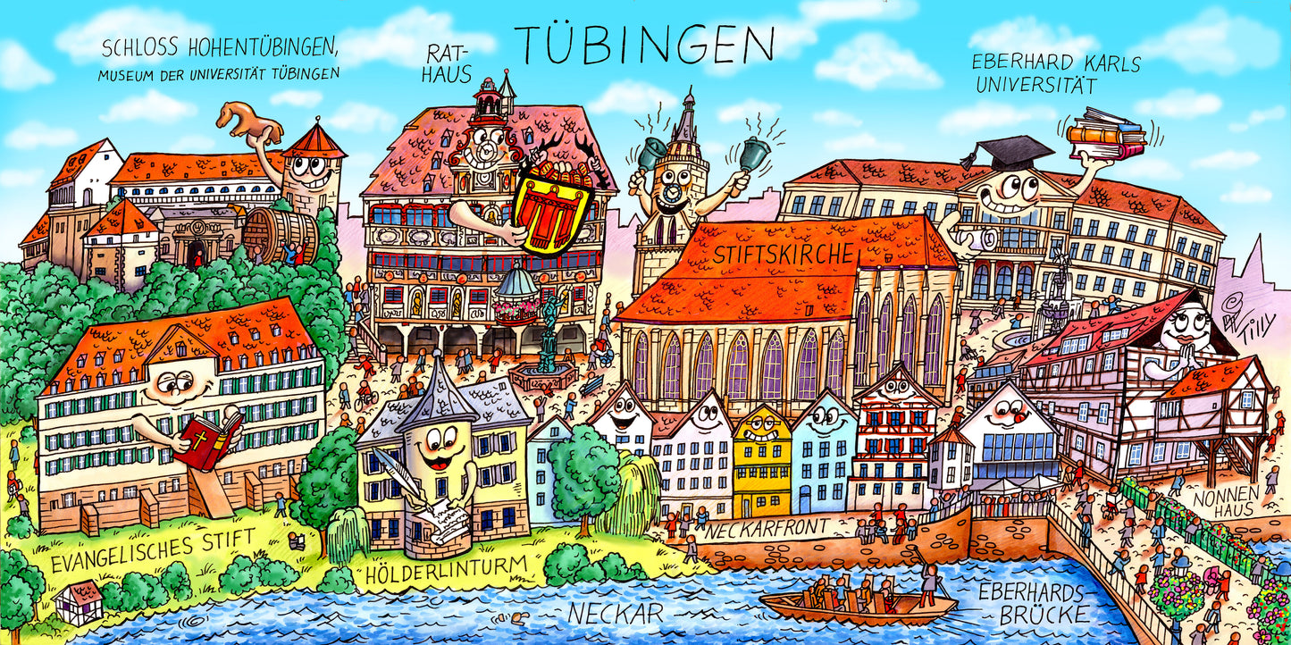 Motiv der Tasse mit Tübingen Motiv: Stiftskirche und Rathaus im Tilly-Stil.