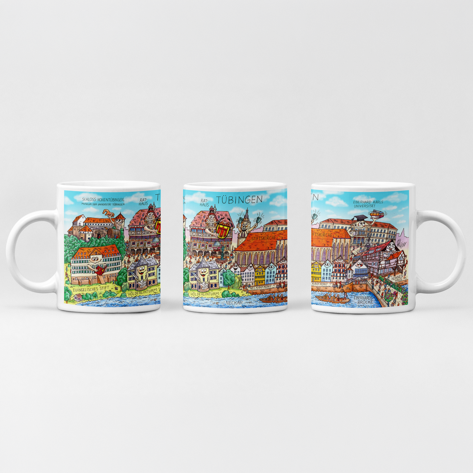 Weiße Tübingen Tasse aus Keramik mit buntem Stadtmotiv von Jacques Tilly.