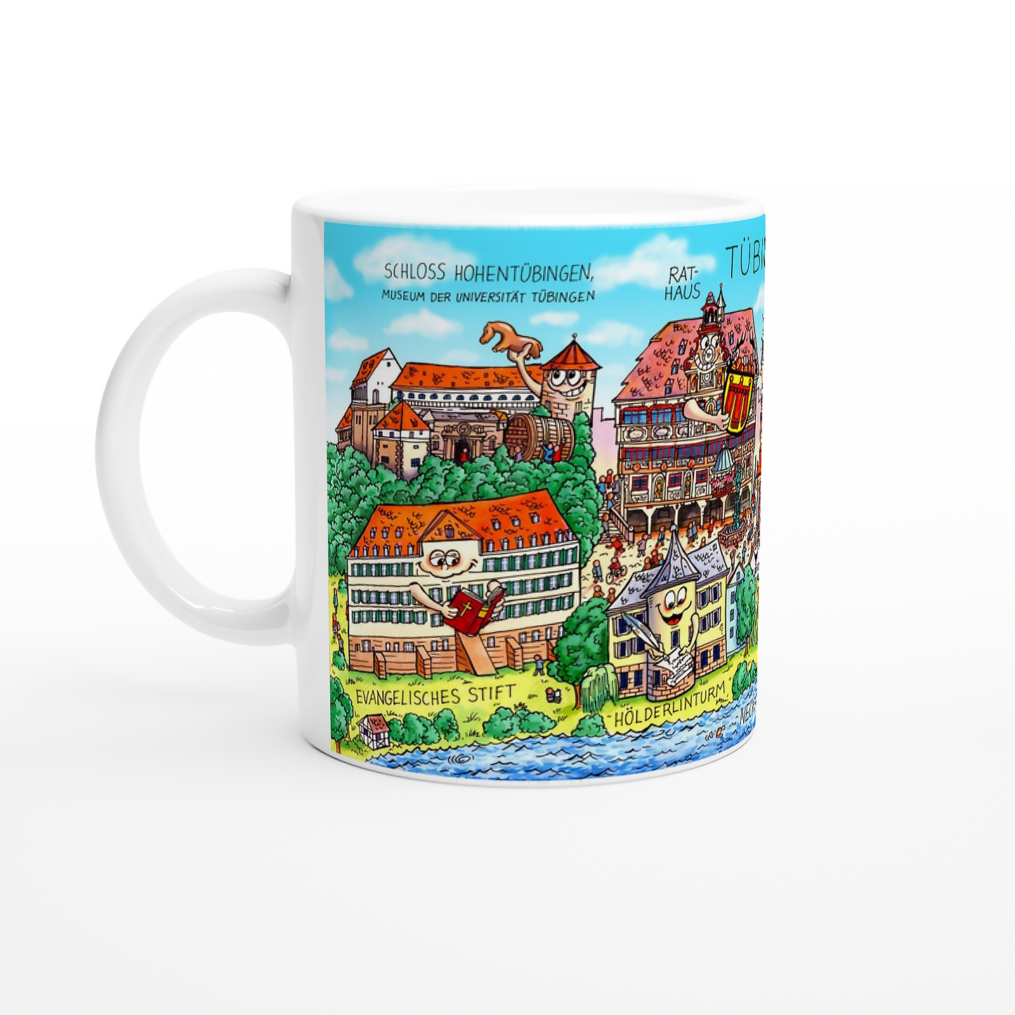 Detailansicht der Tübingen Tasse: Neckarfront und Hölderlinturm gezeichnet.