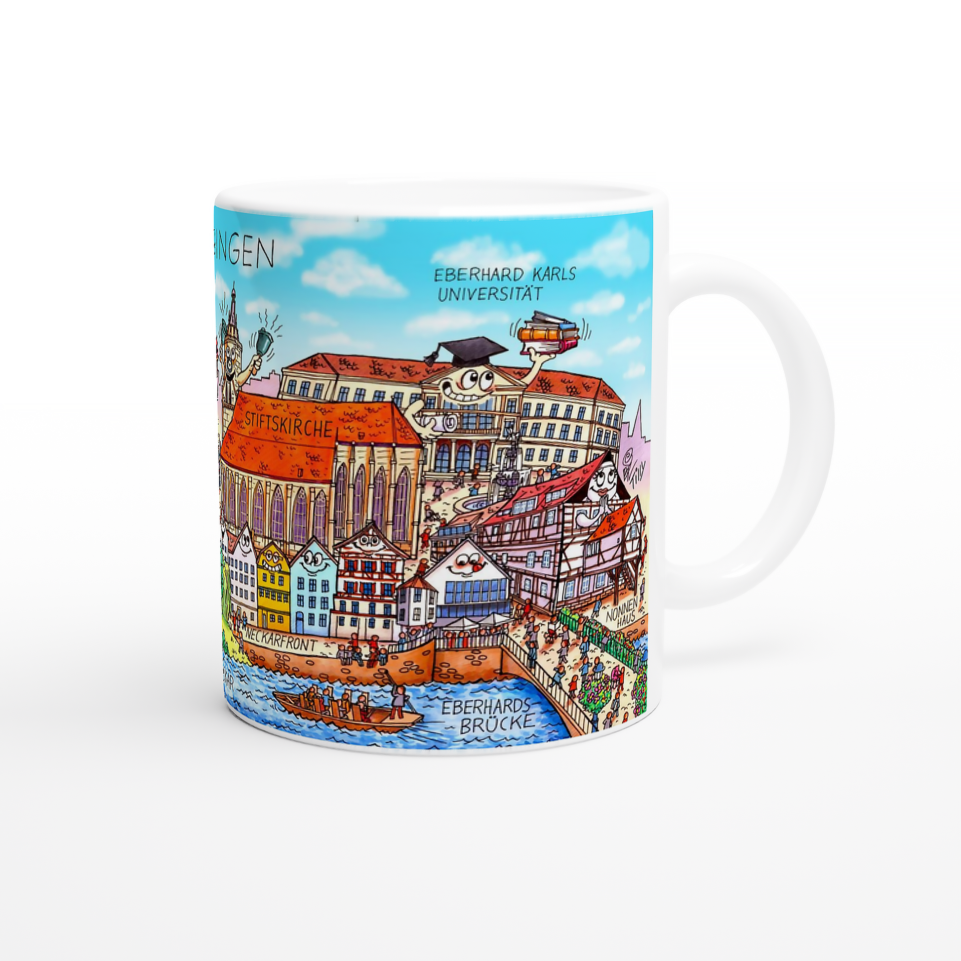 Humorvolle Tübingen Tasse im Einsatz: Kaffeetasse auf Holztisch mit Schloss Hohentübingen.