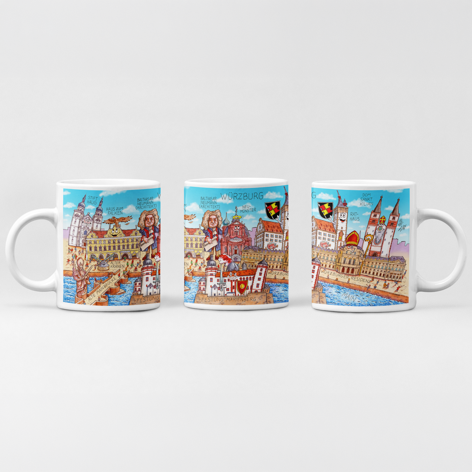 Bunte Würzburg Tasse von Jacques Tilly als humorvolle Tischdeko auf einem Frühstückstisch.