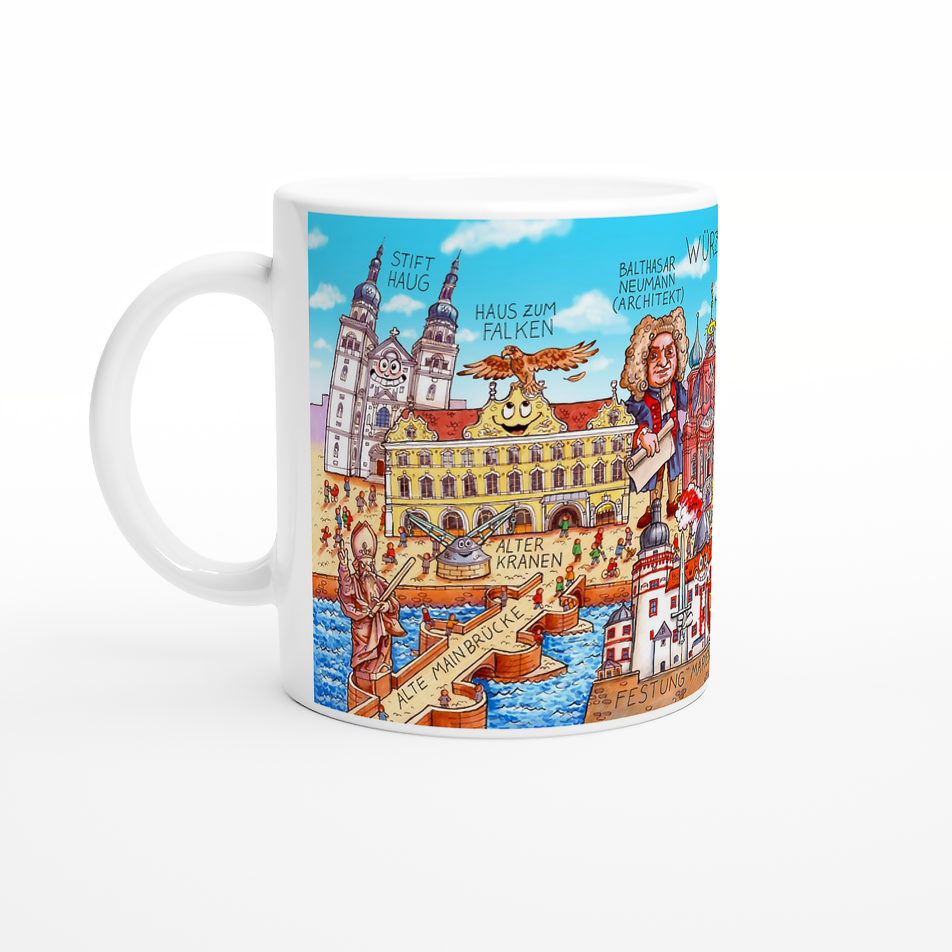 Würzburg Tasse mit satirischem Jacques Tilly Motiv und Alter Mainbrücke.