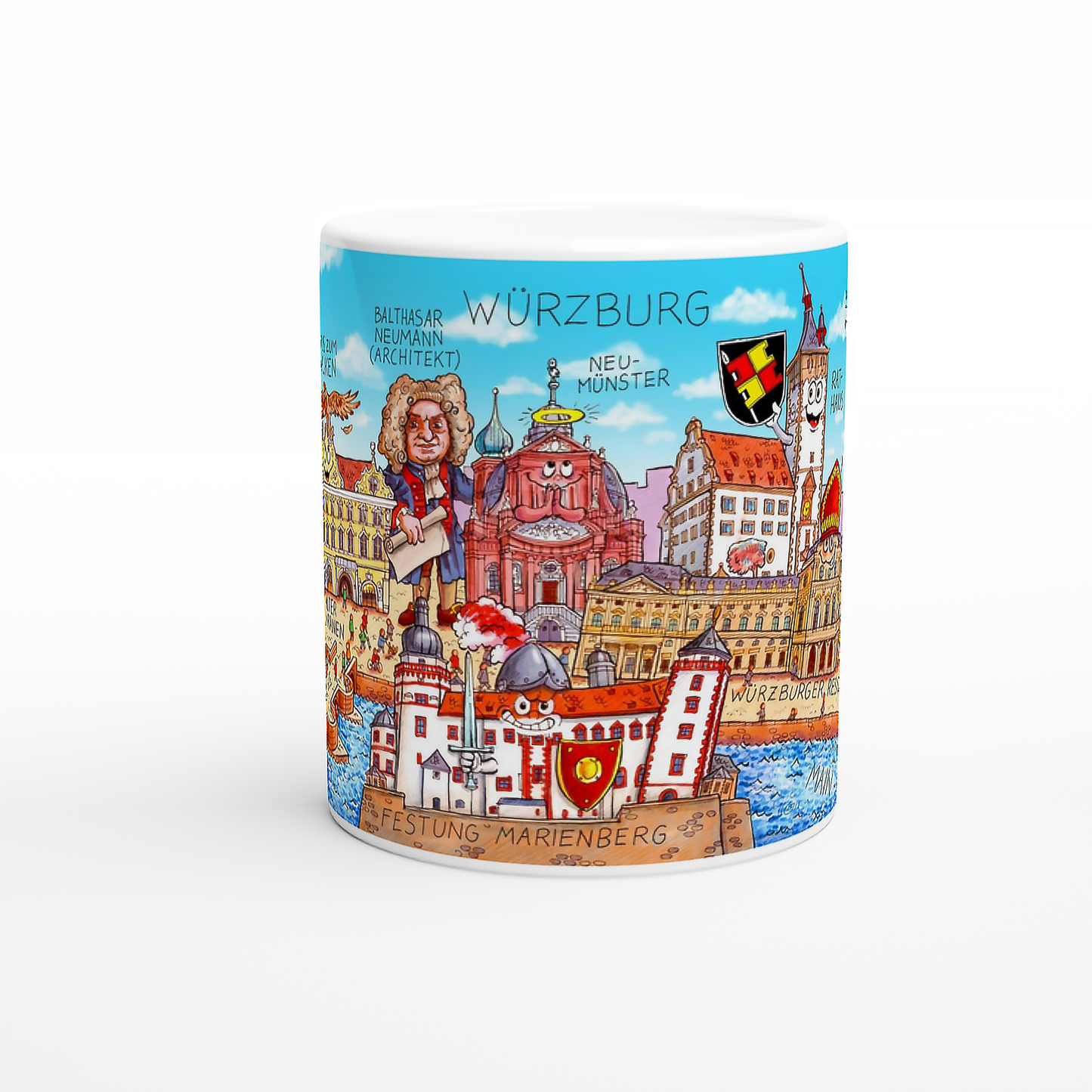 Keramiktasse Würzburg von Jacques Tilly mit Festung Marienberg und Residenz.
