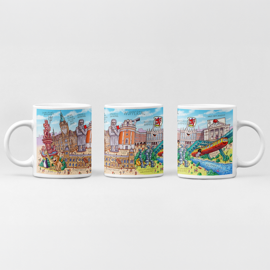 Wuppertal Tasse Tilly Stadtmotiv in einer modernen Küche, Geschenkidee für Stadtliebe.