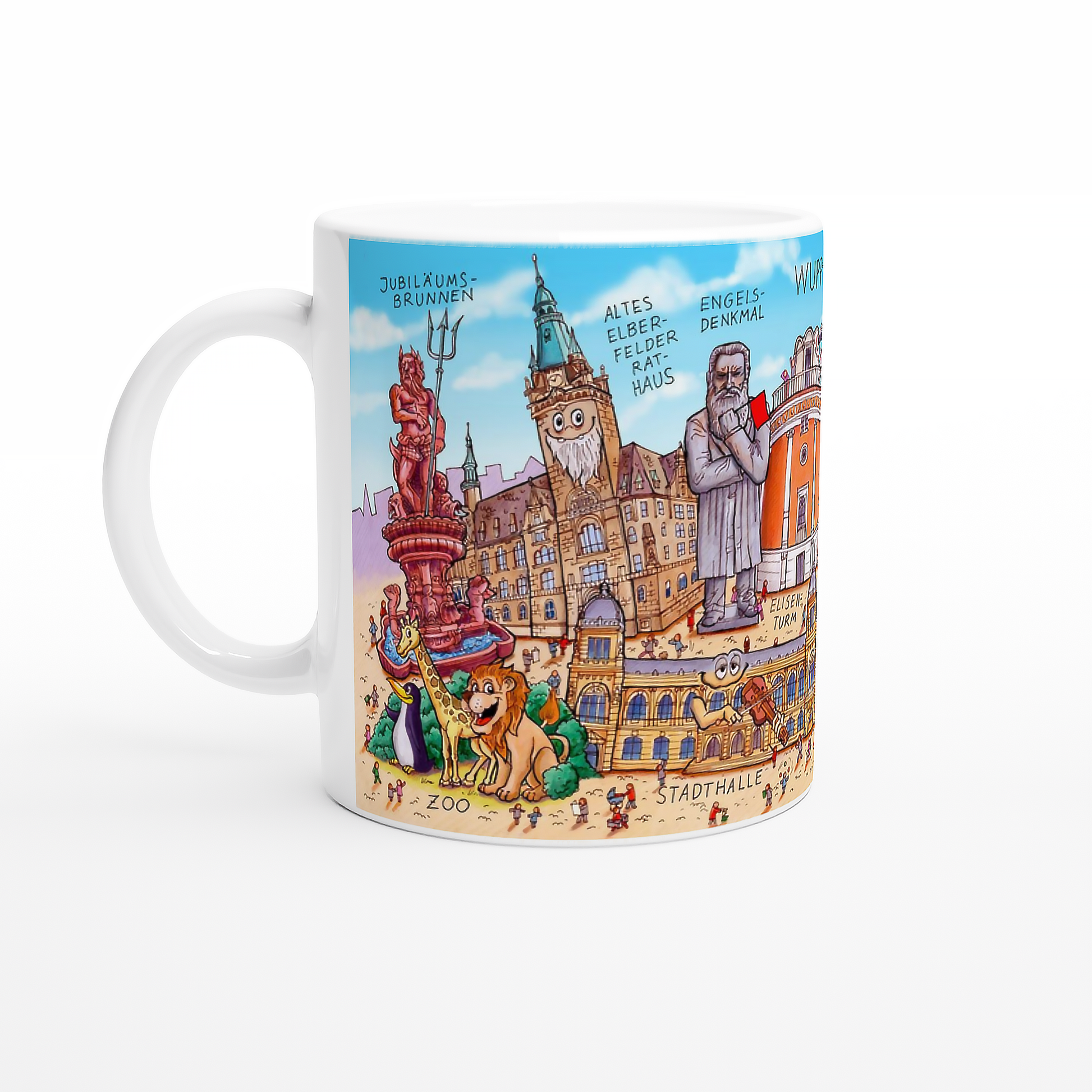 Weiße Wuppertal Keramiktasse mit farbenfrohem Tilly Stadtmotiv, Schwebebahn, Wupper und Rathaus Barmen.