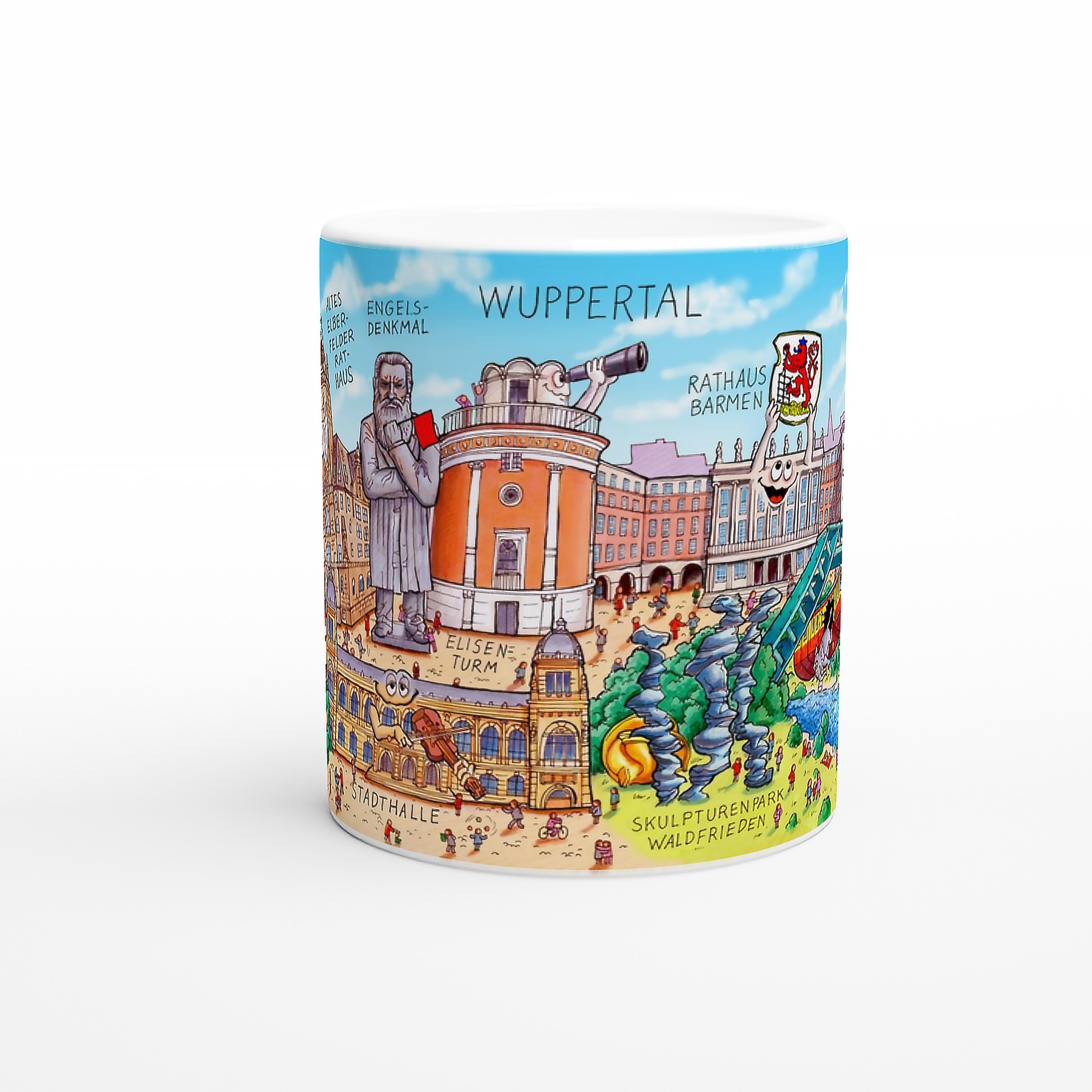 Detailansicht der Wuppertal Tasse mit Schwebebahn, Rathaus Barmen und Wupper, signiert von Tilly.