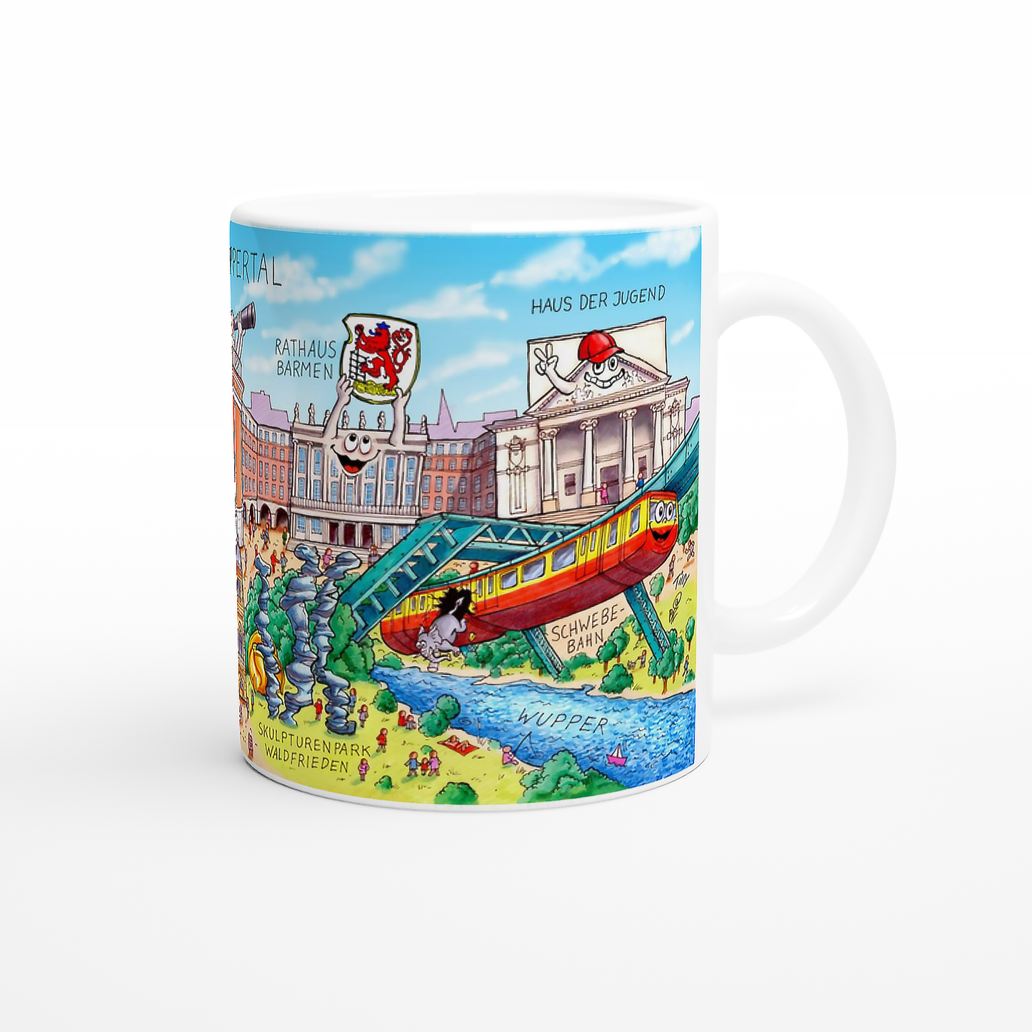 Rechte Seite der Tilly Wuppertal Tasse mit dem Skulpturenpark Waldfrieden und Rathaus Barmen.