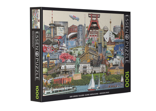 Essen Stadtbild von Bernd Röttgers als Puzzle mit den wichtigsten Sehenswürdigkeiten und mit 1.000 Teilen