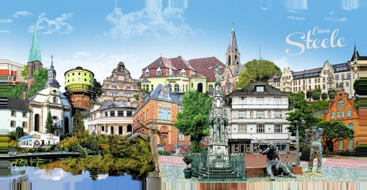 Essen-Steele Stadtbild von Bernd Röttgers mit Sehenswürdigkeiten von Essen-Steele. Leinwand Bild auf Holzrahmen gespannt.
