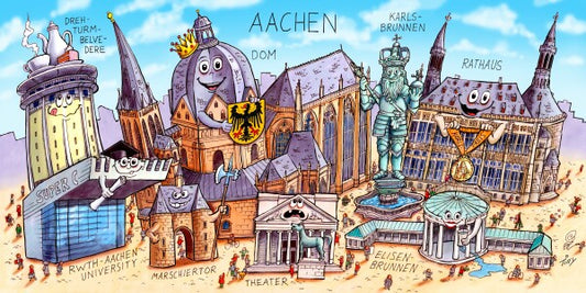 Jacques Tilly Aachen Stadtbild mit Sehenswürdigkeiten von Aachen. Leinwand Bild auf Holzrahmen gespannt.