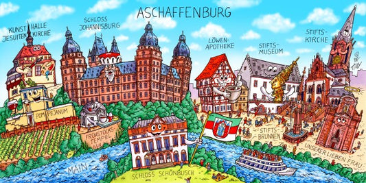 Jacques Tilly Aschaffenburg Stadtbild mit Sehenswürdigkeiten von Aschaffenburg. Leinwand Bild auf Holzrahmen gespannt.