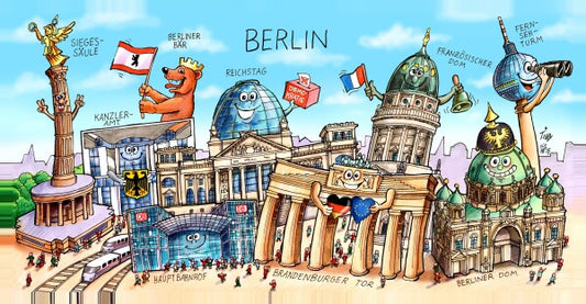 Jacques Tilly Berlin Stadtbild mit Sehenswürdigkeiten von Berlin. Leinwand Bild auf Holzrahmen gespannt.