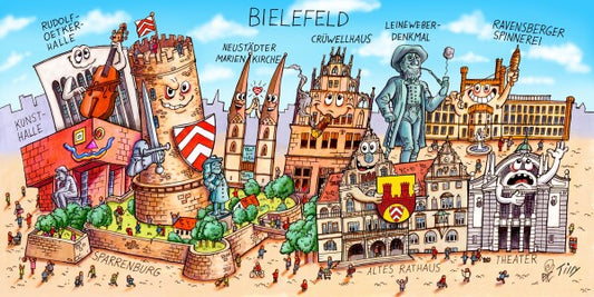 Jacques Tilly Bielefeld Stadtbild mit Sehenswürdigkeiten von Bielefeld. Leinwand Bild auf Holzrahmen gespannt.