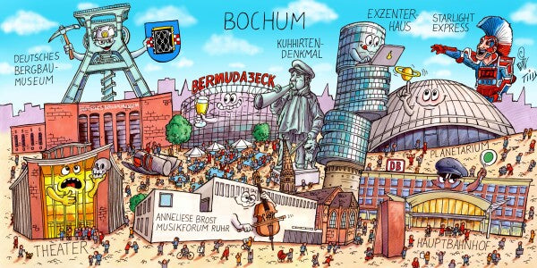 Jacques Tilly Bochum Stadtbild mit Sehenswürdigkeiten von Bochum. Leinwand Bild auf Holzrahmen gespannt.