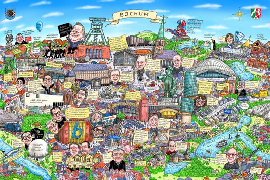 Jacques Tilly Bochum Wimmelbild Stadtbild mit Sehenswürdigkeiten von Bochum. Leinwand Bild auf Holzrahmen gespannt.