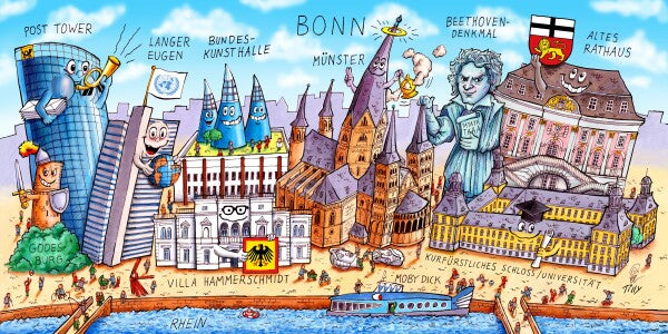 Jacques Tilly Bonn Stadtbild mit Sehenswürdigkeiten von Bonn. Leinwand Bild auf Holzrahmen gespannt.