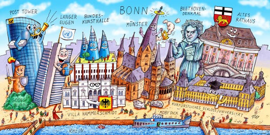 Jacques Tilly Bonn Stadtbild mit Sehenswürdigkeiten von Bonn. Leinwand Bild auf Holzrahmen gespannt.