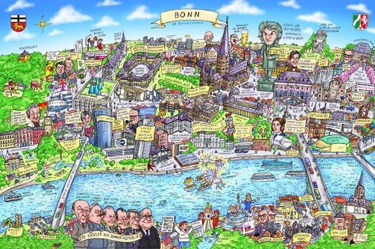 Jacques Tilly Bonn Wimmelbild und Stadtbild mit Sehenswürdigkeiten von Bonn. Leinwand Bild auf Holzrahmen gespannt.