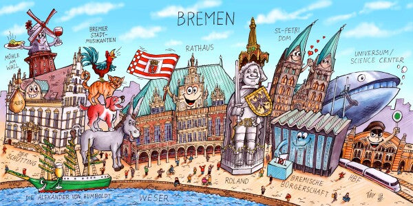 Jacques Tilly Bremen Stadtbild mit Sehenswürdigkeiten von Bremen. Acrylglas Bild mit Alu-Rückrahmen.