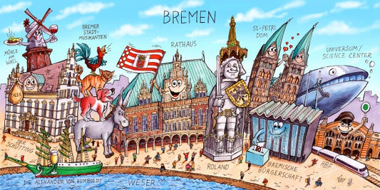 Jacques Tilly Bremen Stadtbild mit Sehenswürdigkeiten von Bremen. Leinwand Bild auf Holzrahmen gespannt.