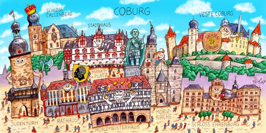 Jacques Tilly Coburg Stadtbild mit Sehenswürdigkeiten von Coburg. Acrylglas Bild mit Alu-Rückrahmen.